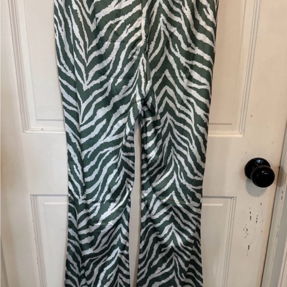 White Fox Boutique Green and White Zebra Print Wide Leg Pants